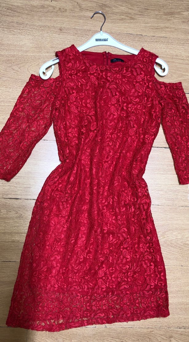 Kırmızı Dantel Midi Elbise, Bohem Stil - Görsel 4