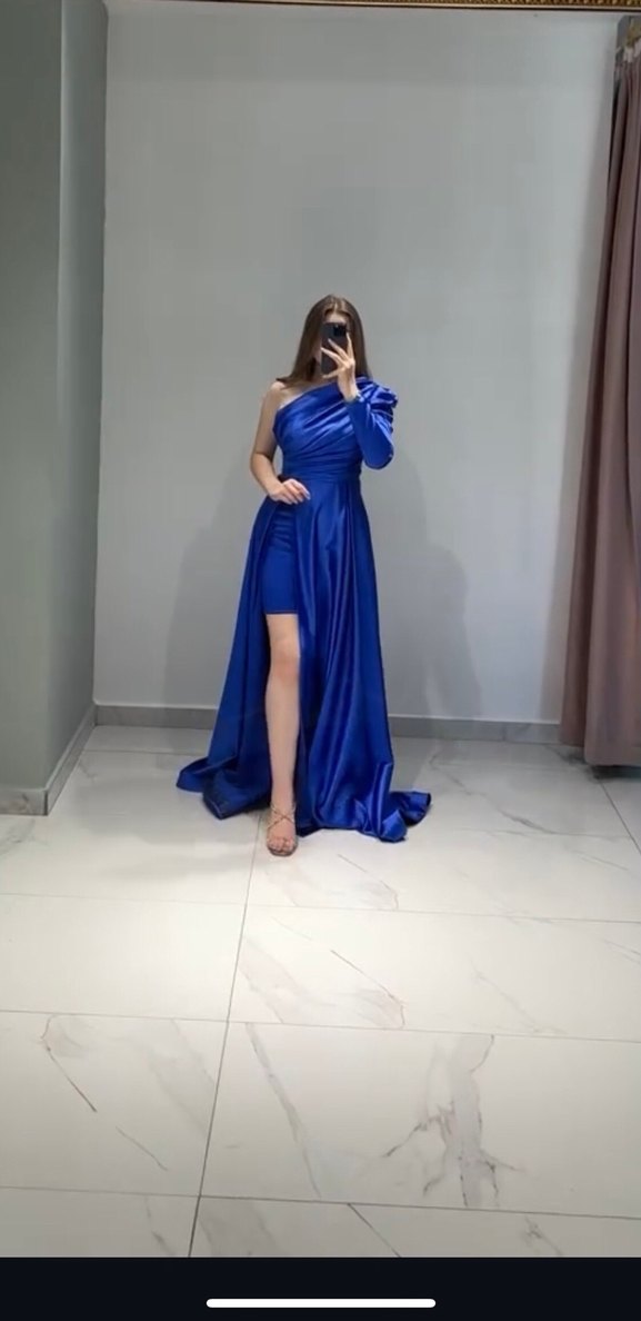 Matmazela Mavi Drapeli Uzun Abiye Elbise - Görsel 4