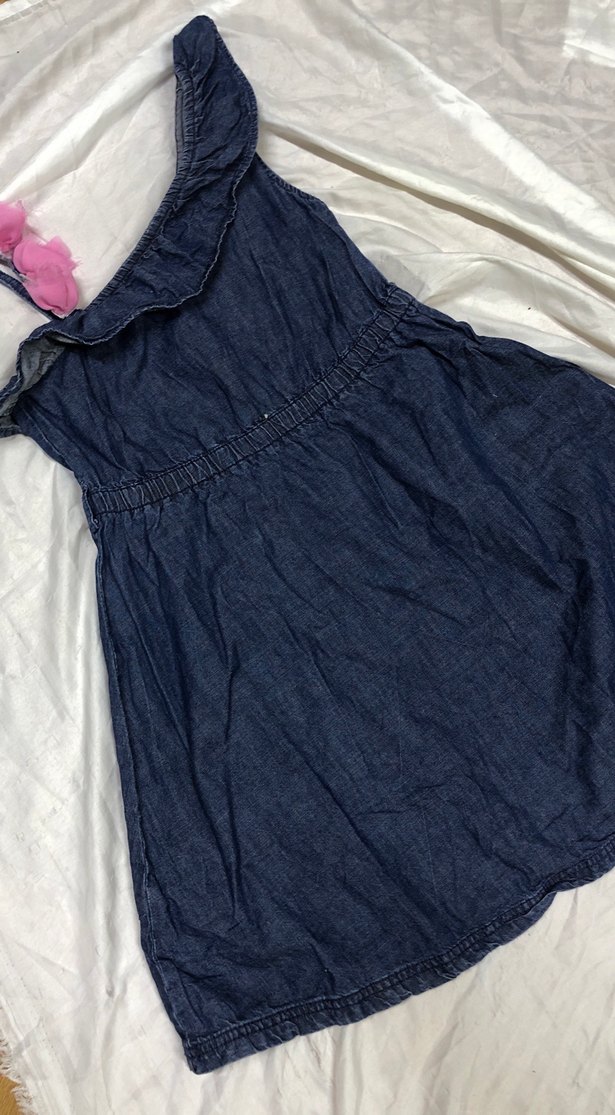 Kız Çocuk Lacivert Denim Askısız Fırfırlı Elbise - Görsel 2