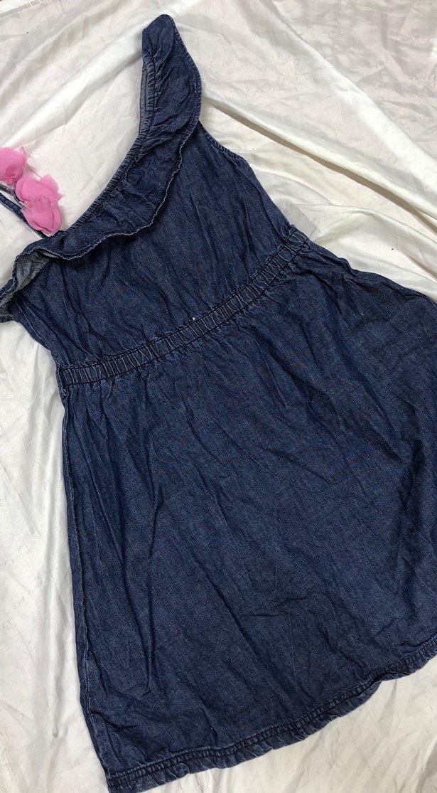 Kız Çocuk Lacivert Denim Askısız Fırfırlı Elbise - Görsel 3