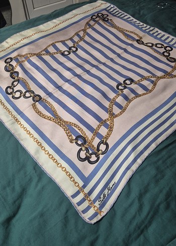 Zincir Detaylı Mavi İpeksi Kadın silk home eşarp - Görsel 2