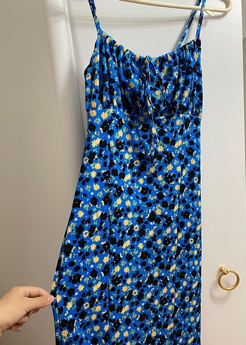 Diğer Mavi Çiçek Desenli Midi Strappy Elbise