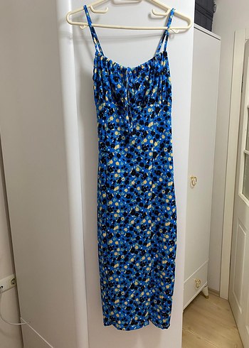 38 Beden mavi Renk Mavi Çiçek Desenli Midi Strappy Elbise