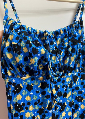 Mavi Çiçek Desenli Midi Strappy Elbise