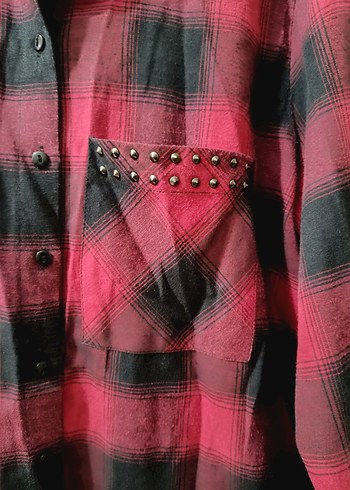 Kadın Kırmızı Kareli Düğmeli Gömlek - Görsel 3