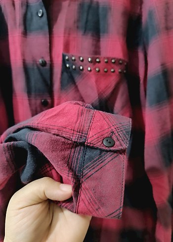 Kadın Kırmızı Kareli Düğmeli Gömlek - Görsel 4