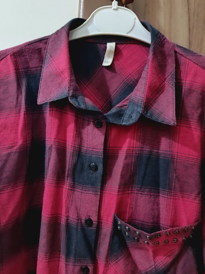 Kadın Kırmızı Kareli Düğmeli Gömlek - Görsel 5