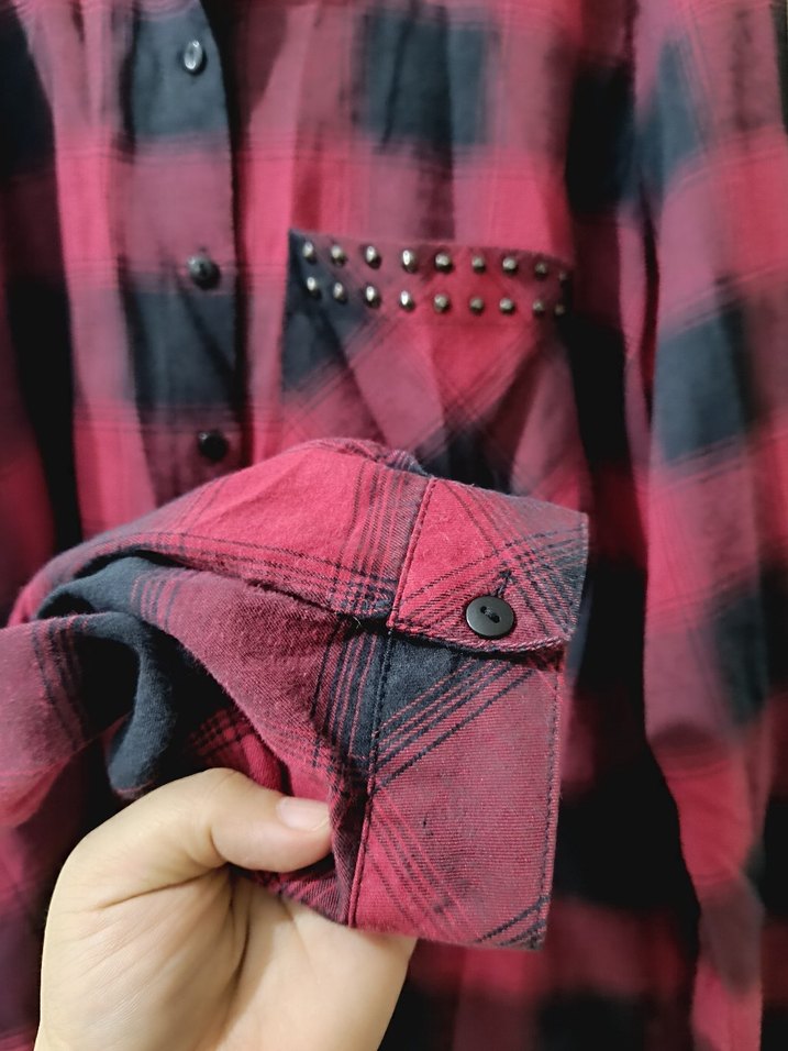 Kadın Kırmızı Kareli Düğmeli Gömlek - Görsel 4