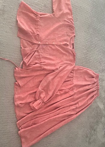 Pembe Nakışlı Uzun Keten Kadın Takım - Görsel 2