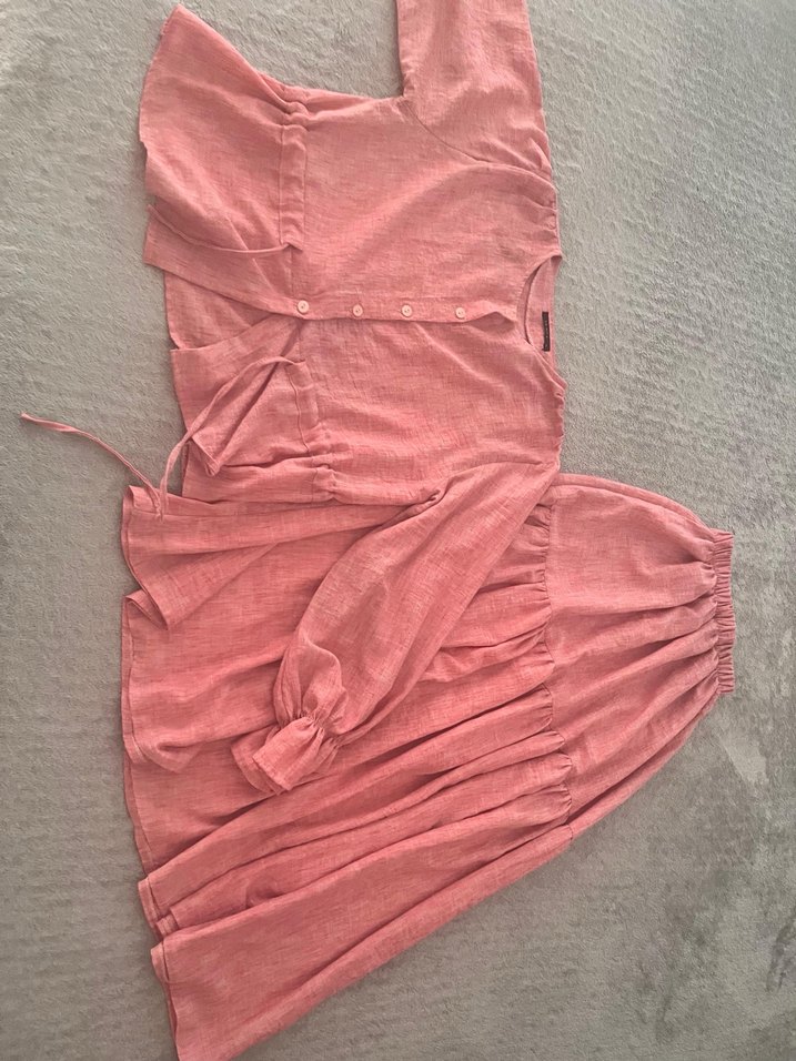 Pembe Nakışlı Uzun Keten Kadın Takım - Görsel 2