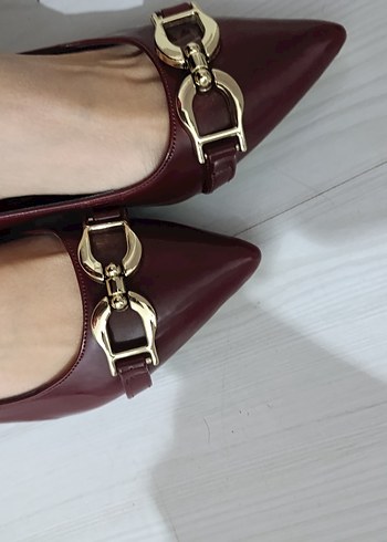 Bordo Parlak Tokalı Kadın Topuklu Ayakkabı - Görsel 7