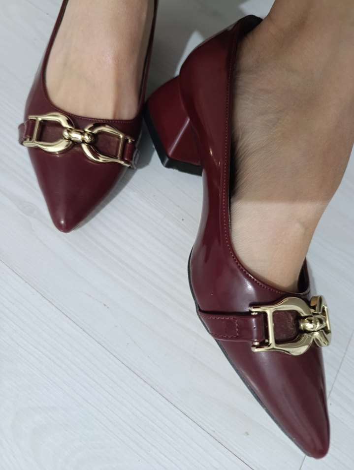 Bordo Parlak Tokalı Kadın Topuklu Ayakkabı - Görsel 5