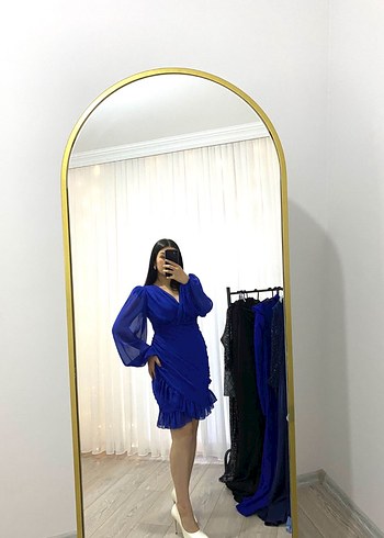 Saks mavisi şifon elbise - Görsel 2