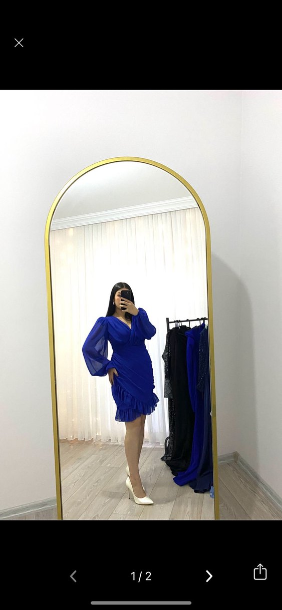 Saks mavisi şifon elbise - Görsel 2