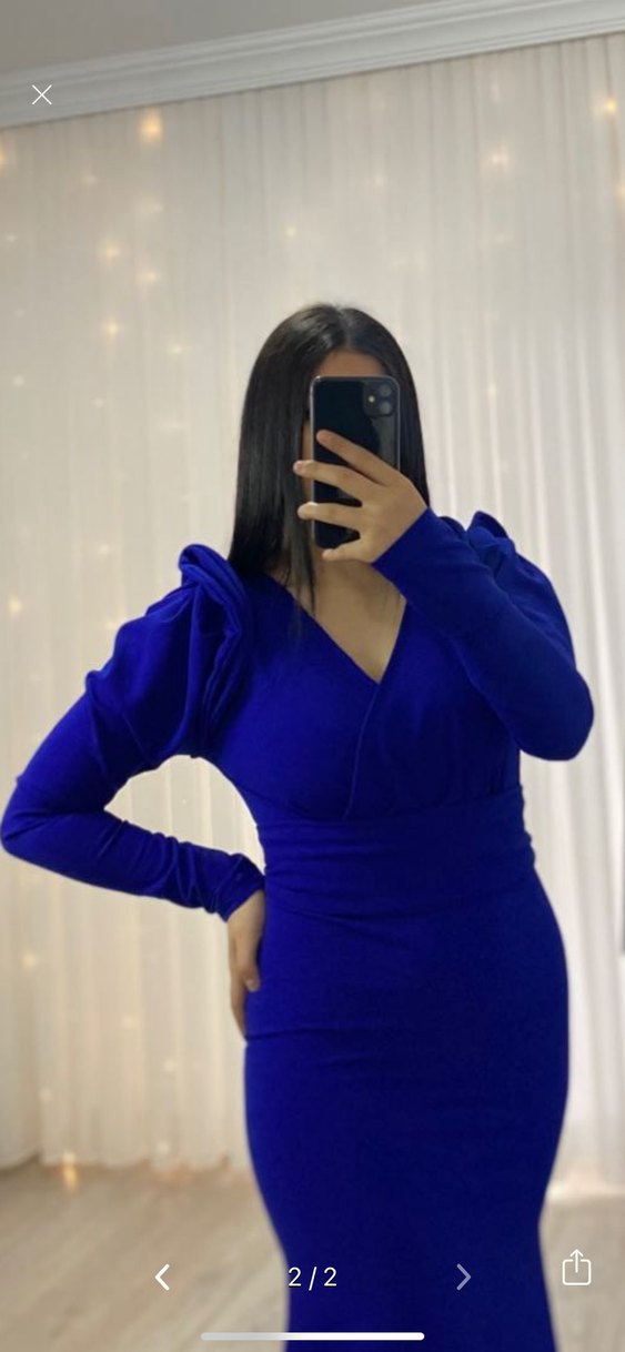 Uzun Kollu Drapeli Mavi Abiye Elbise - Görsel 2