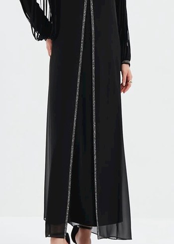 Kadın lacivert Uzun Kollu şifon Elbise abiye - Görsel 10