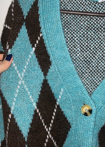 Turkuaz Ekose Desenli Salaş Hırka - Görsel 3