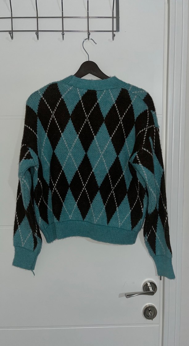 Turkuaz Ekose Desenli Salaş Hırka - Görsel 2