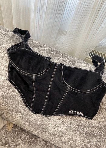 Siyah Nakışlı Denim Straplez Büstiyer - Görsel 2