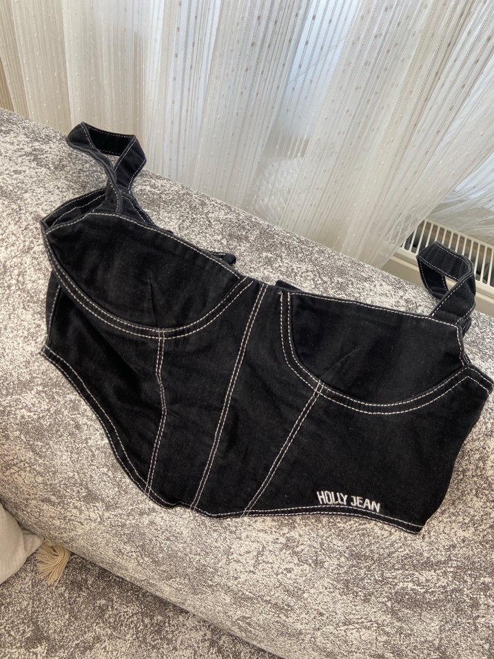 Siyah Nakışlı Denim Straplez Büstiyer - Görsel 2