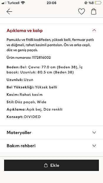 36 Beden H&M Fitilli Kadife Pantolon