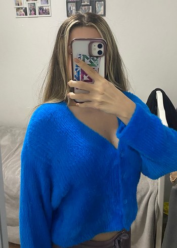 Saks mavisi  Örgü Yumuşak Kadın Hırka - Görsel 2