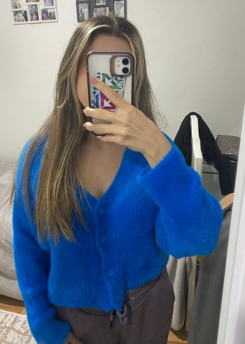 Saks mavisi  Örgü Yumuşak Kadın Hırka - Görsel 3