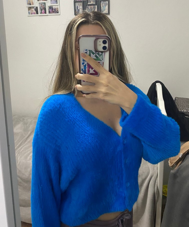 Saks mavisi  Örgü Yumuşak Kadın Hırka - Görsel 2