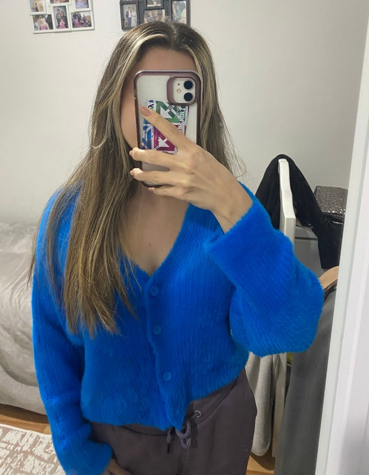 Saks mavisi  Örgü Yumuşak Kadın Hırka - Görsel 3