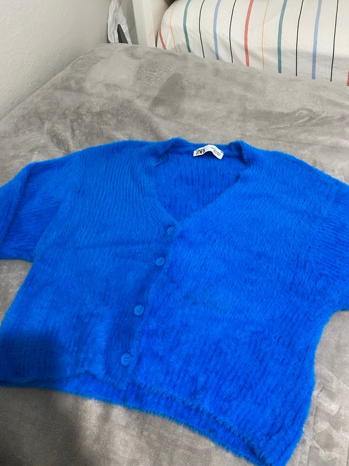 Saks mavisi  Örgü Yumuşak Kadın Hırka - Görsel 4