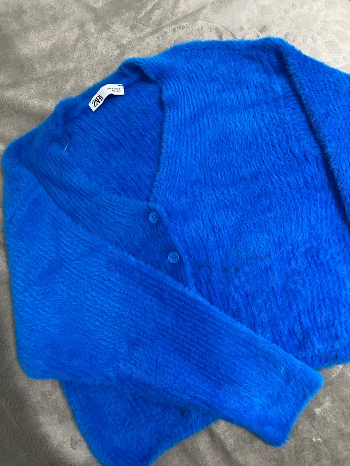 Saks mavisi  Örgü Yumuşak Kadın Hırka - Görsel 5