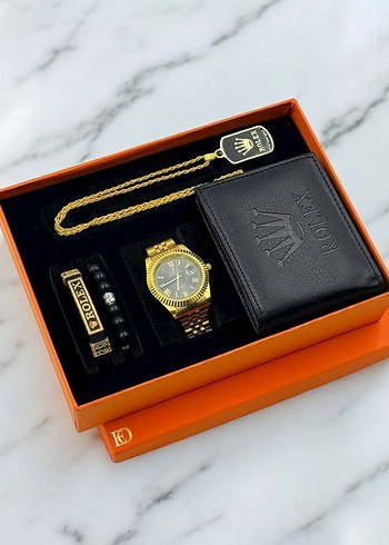 Rolex Altın Renkli Modern Klasik Erkek Saati Seti