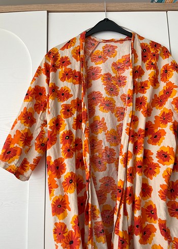 Zara Turuncu Çiçek Desenli Bohem Kimono
