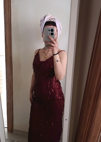 Bordo Parlak Drapeli Midi Abiye Elbise