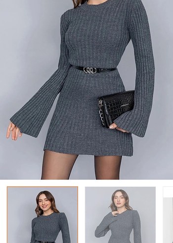 Gri Boğazlı Triko Kadın Elbise - Görsel 2