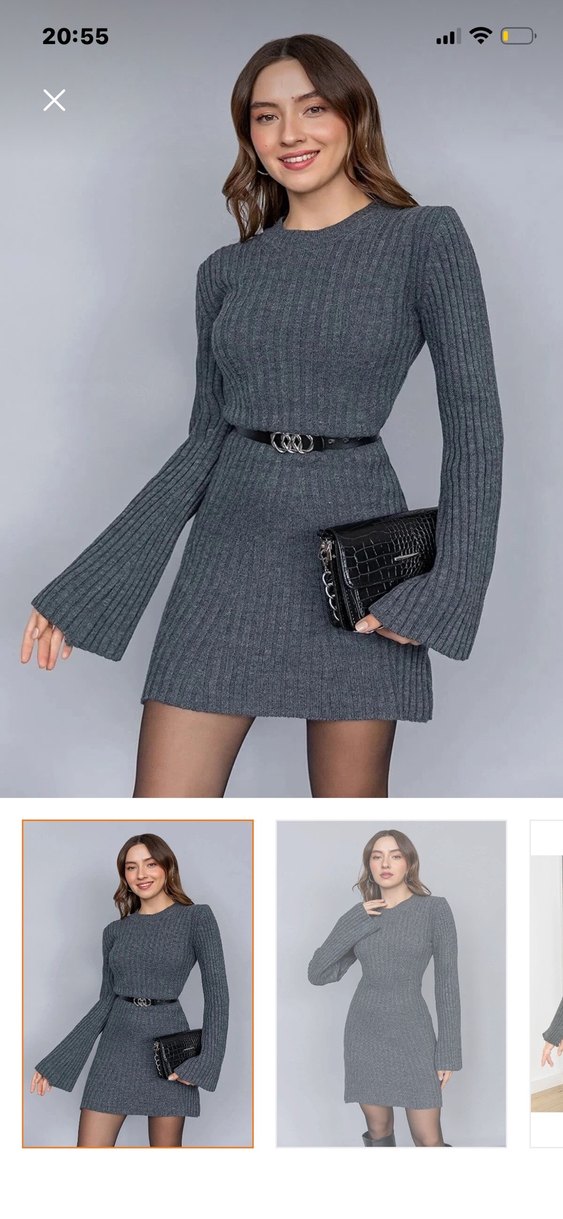 Gri Boğazlı Triko Kadın Elbise - Görsel 2