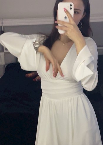 Uzun Kollu Beyaz Mini Elbise - Görsel 2