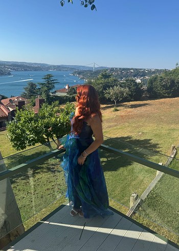 Mavi Drapeli Straplez Bohem Uzun abiye - Görsel 2