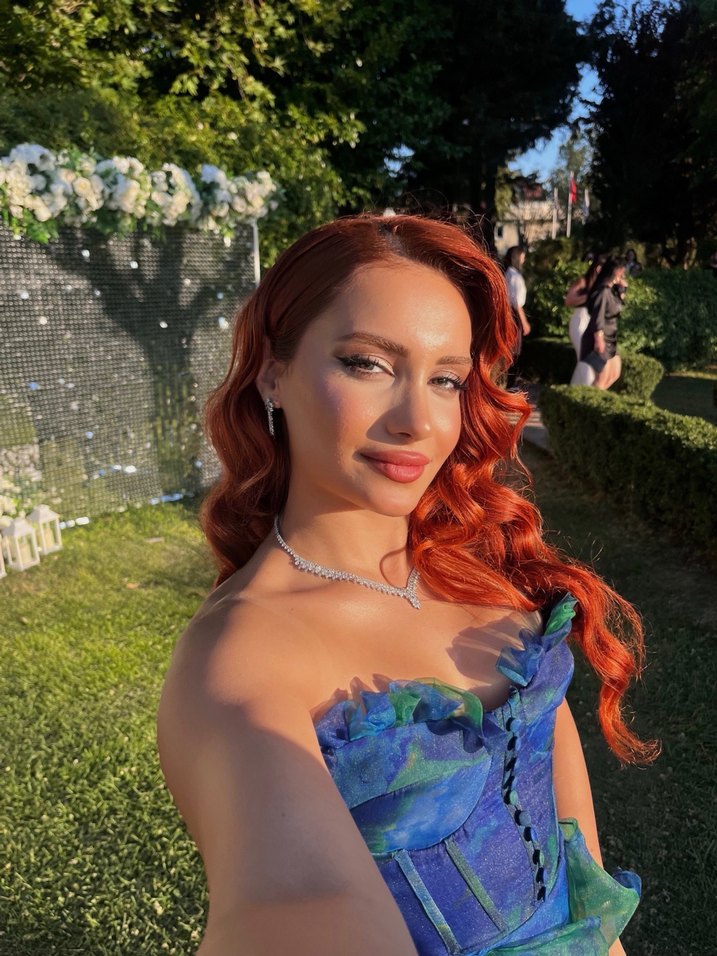 Mavi Drapeli Straplez Bohem Uzun abiye - Görsel 3