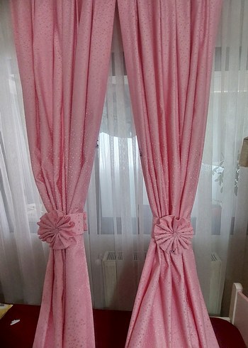 Taç Pembe puantiyeli fon Perde2 adet