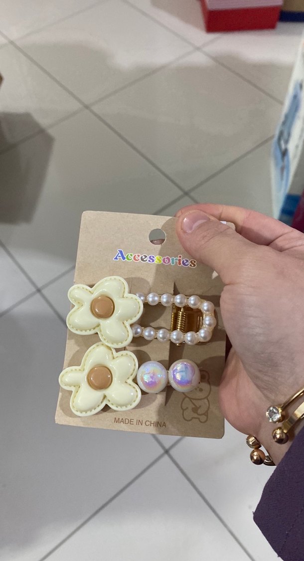 Boncuklu Çiçekli Bej Çocuk Toka Seti - Görsel 4