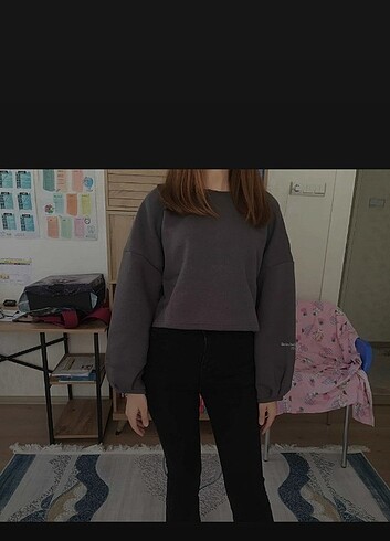içi polarlı kalın crop kesim gri sweatshirt 