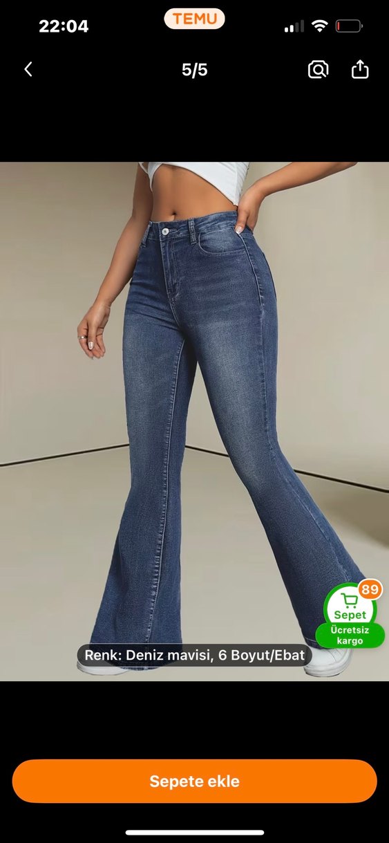 Deniz Mavisi Kadın Bol Paça Jean - Görsel 5