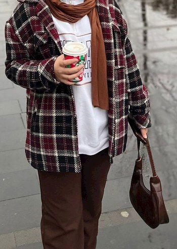 Bordo Ekoseli Kadın Gömlek Ceket - Görsel 4