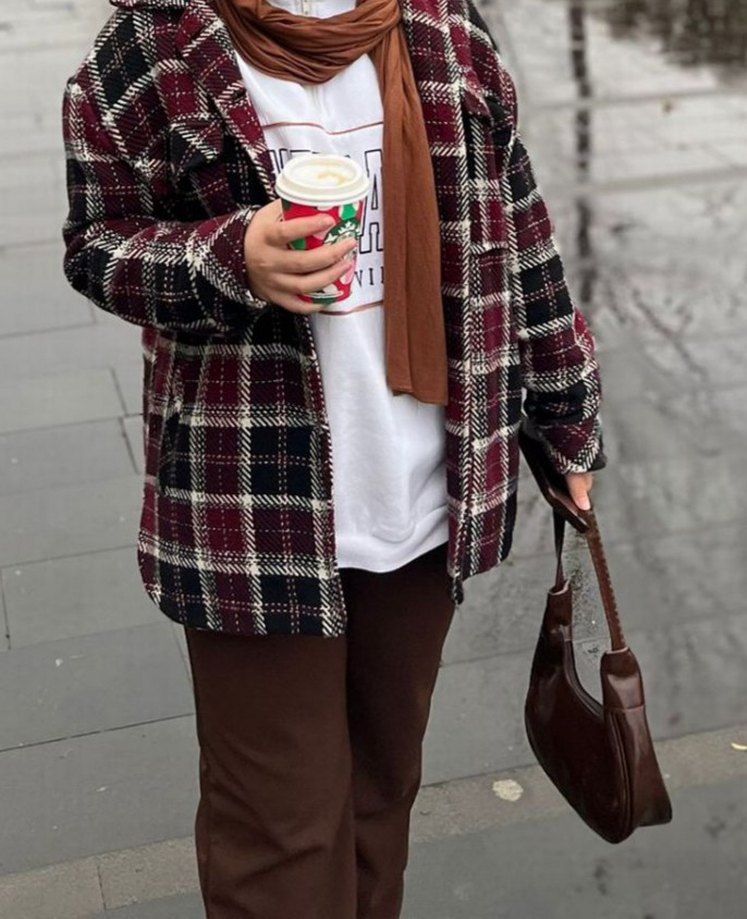 Bordo Ekoseli Kadın Gömlek Ceket - Görsel 4