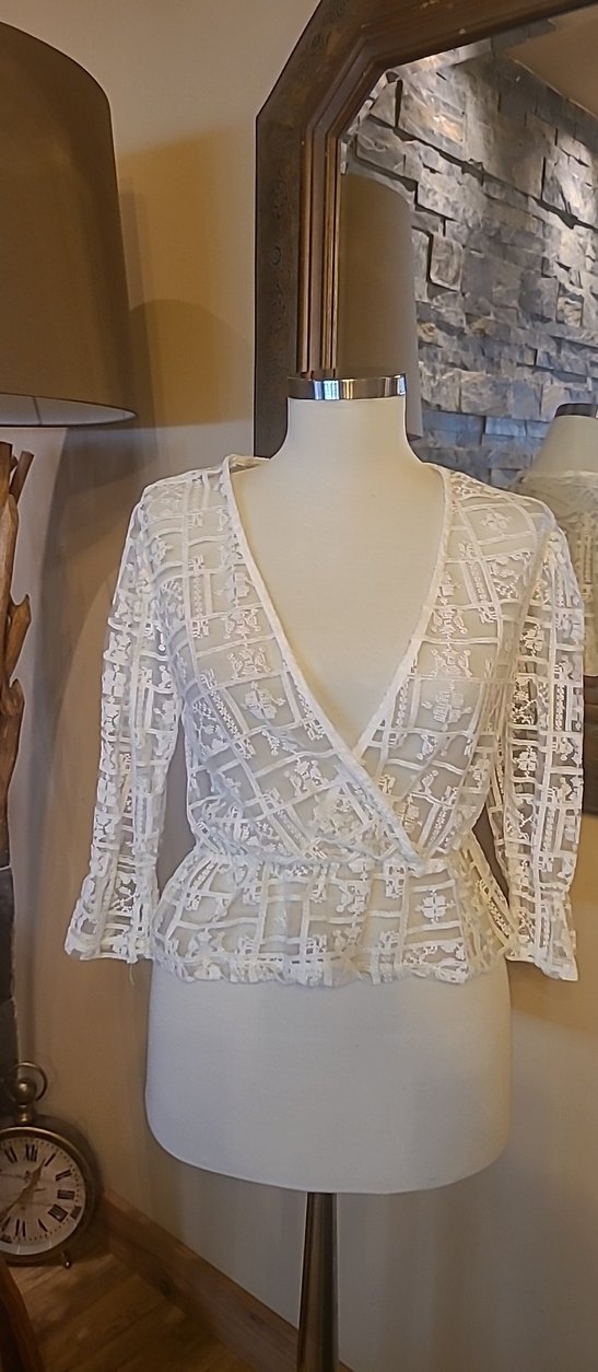 Dantel İşlemeli V Yaka Beyaz Bohem Bluz - Görsel 3