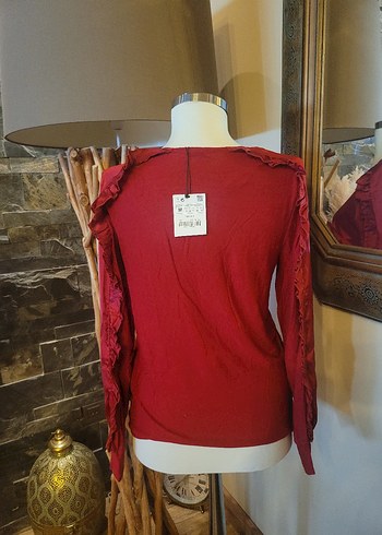 Bordo Uzun Kollu Fırfırlı Bohem Bluz - Görsel 3