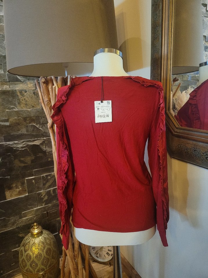 Bordo Uzun Kollu Fırfırlı Bohem Bluz - Görsel 3