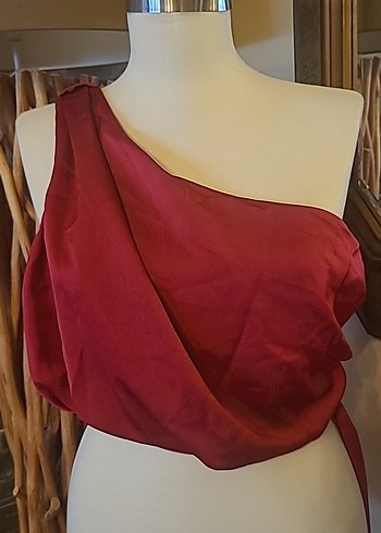 Kadın Bordo Saten Drapeli Bohem crop bluz - Görsel 2