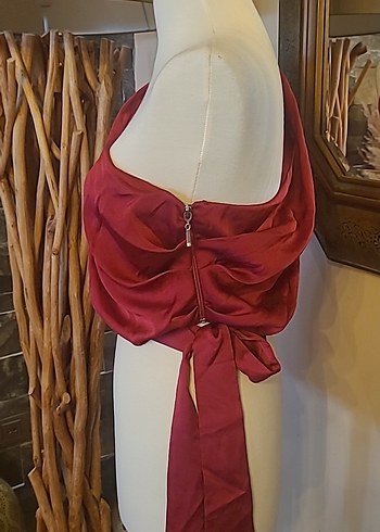 Kadın Bordo Saten Drapeli Bohem crop bluz - Görsel 3
